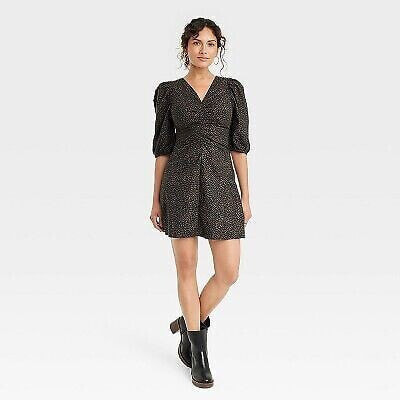 Women's Elbow Puff Sleeve Ruched Mini Dress - Universal Thread Brown 2