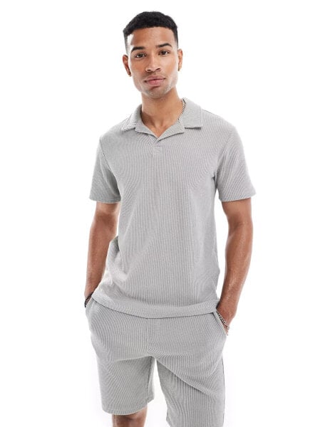 ONLY & SONS ribbed oversized polo co-ord in light grey