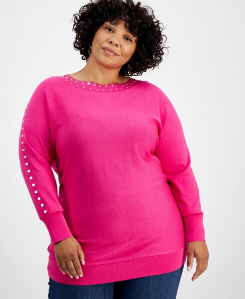 Plus Size Stud-Trim Tunic Sweater, Created for Macy's