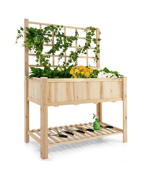 Raised Garden Bed Elevated Wooden Planter Box with Trellis & Open Storage Shelf