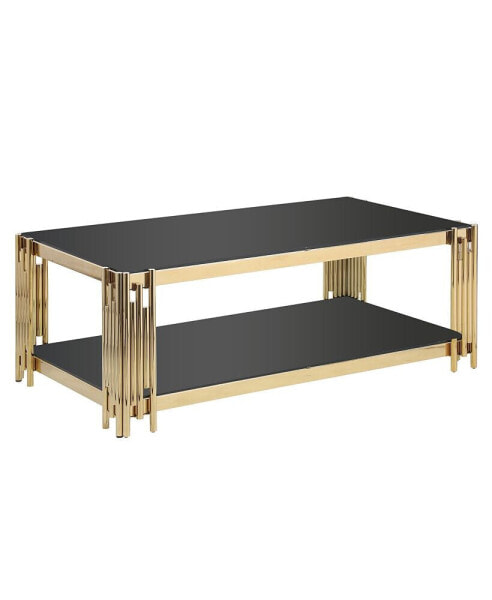 Furniture 48" Wide Rectangular Coffee Table With Black Tempered Glass Top, Golden Stainless Steel Double Layer Coffee Table For Living Room