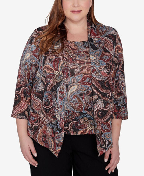 Plus Size Classic Metallic Paisley Two In One Top With Necklace