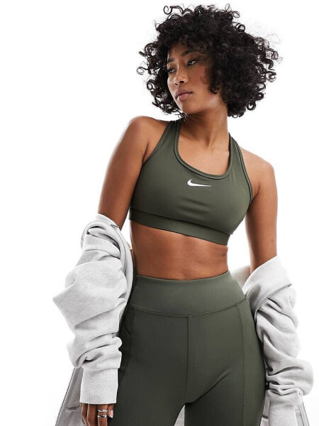 Nike Training Swoosh Dri-Fit medium support bra in khaki