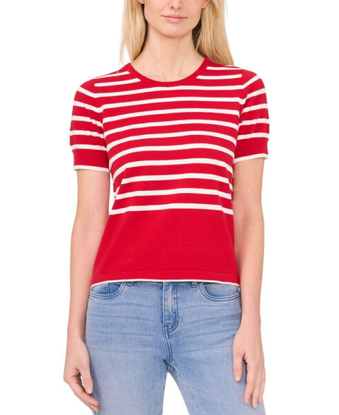 Women's Cotton Short-Sleeve Striped Crewneck Sweater