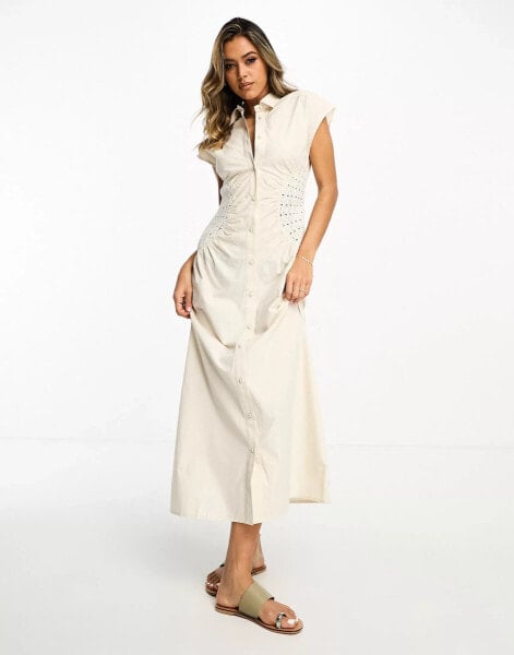 ASOS DESIGN sleeveless shirt midi dress with crochet waist in natural