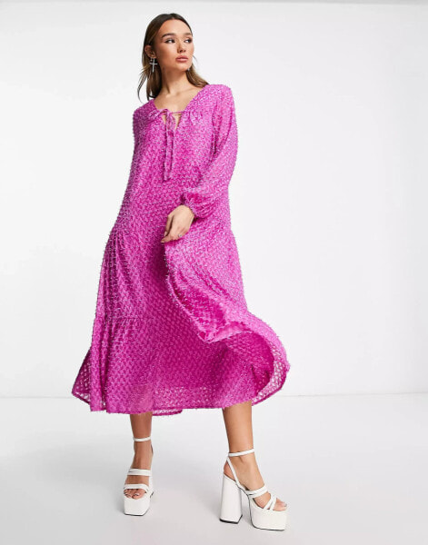 ASOS DESIGN 70s trapeze long sleeve maxi dress in fluffy texture in hot pink