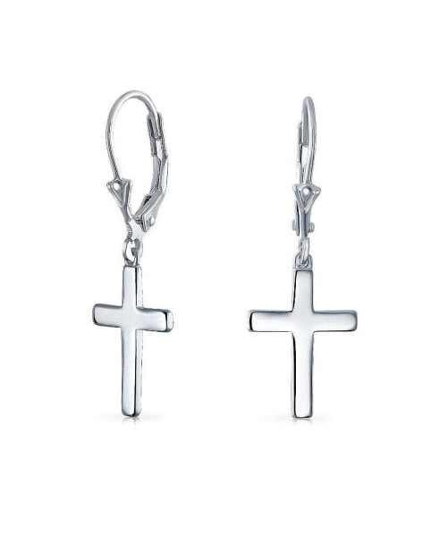 Minimalist Simple Delicate Small Religious Cross Drop Dangle Earrings For Women Secure Lever back High Sterling Silver