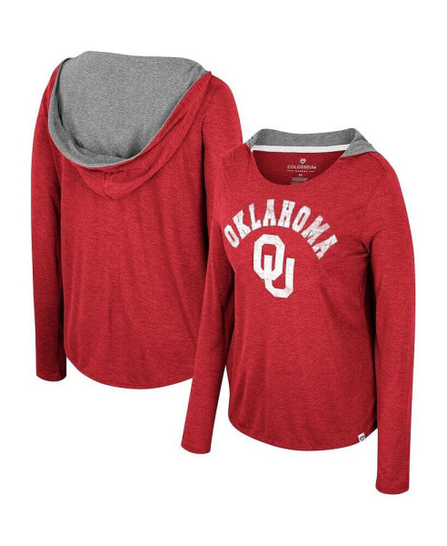 Women's Crimson Oklahoma Sooners Distressed Heather Long Sleeve Hoodie T-Shirt