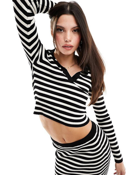 Stradivarius polo knit top co-ord in black and white stripe 