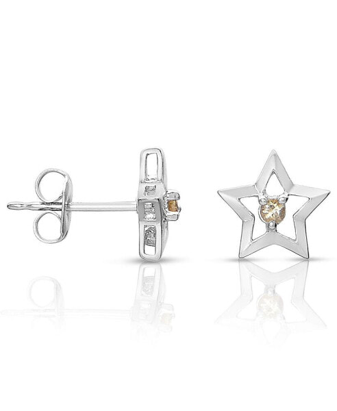 Sterling Silver White Gold Plated with Yellow Tourmaline Gemstone Star Shaped Stud Earrings