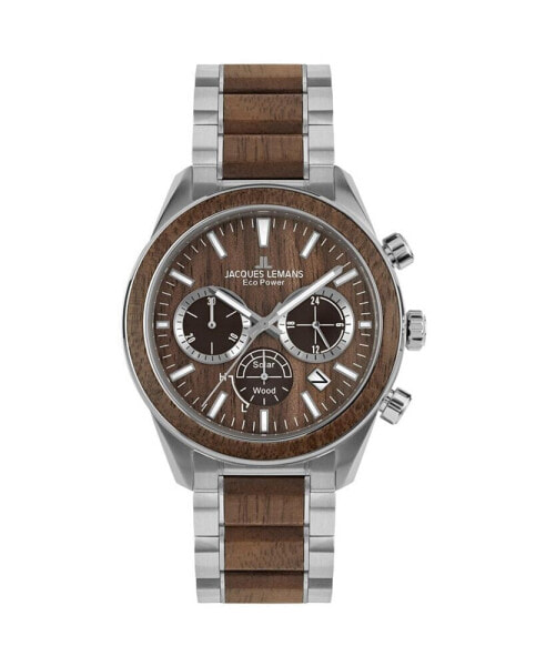 Men's Eco Power Watch with Solid Stainless Steel / Wood Inlay Strap, Chronograph 1-2115