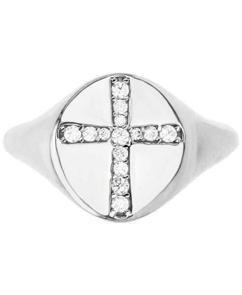 Cubic Zirconia Pavé Cross Polished Signet Ring