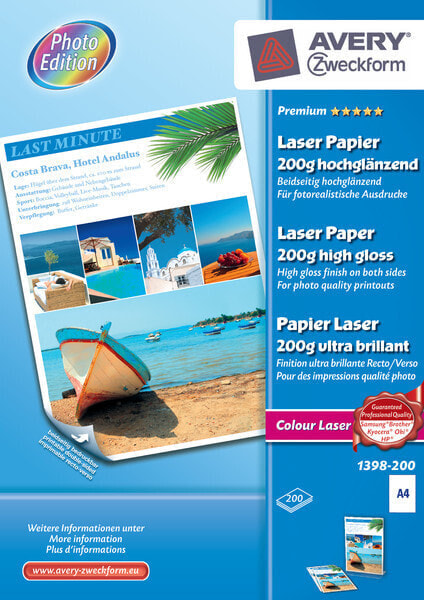 Avery Zweckform Avery Premium Colour Laser - A4 - 200g - Laser printing - A4 (210x297 mm) - Gloss - 200 sheets - 200 g/m² - White