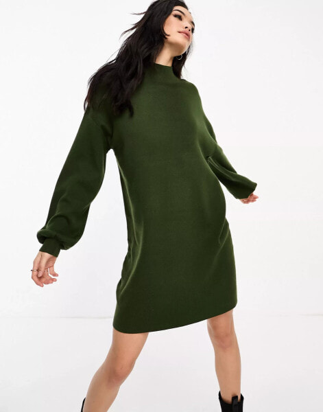 Vero Moda knitted funnel neck mini dress in khaki