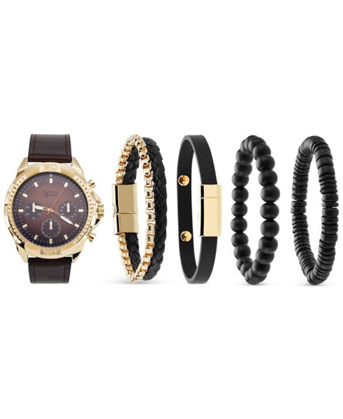 Men's Brown Faux-Leather Strap Watch 51mm Gift Set