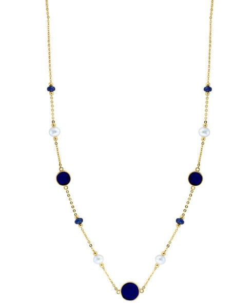 EFFY Collection eFFY® Lapis Lazuli, Freshwater Pearl (4-1/2mm), & Sapphire (3/8 ct. t.w.) 17" Collar Necklace in 14k Gold