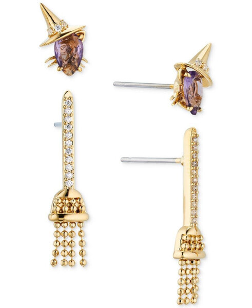 18k Gold-Plated 2-Pc. Set Mixed Stone Witch Cat & Broomstick Earrings