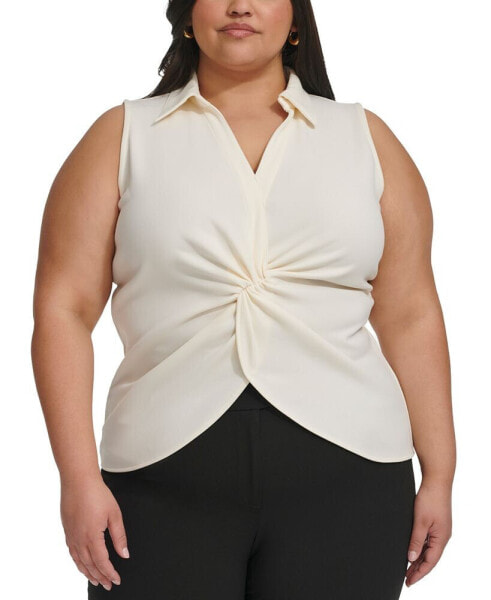 Plus Size Collared Twist-Front Blouse