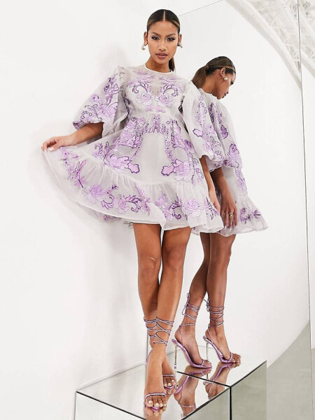 ASOS EDITION mini smock dress with placement applique embroidery in lilac