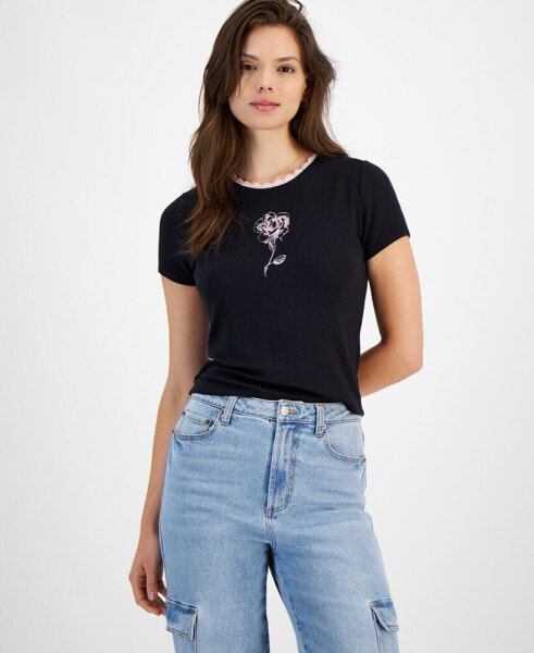 Juniors' Lace-Trim Graphic Tee