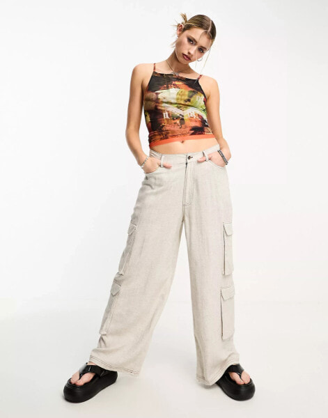 COLLUSION pocket detail wide leg linen trousers in stone