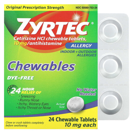 Allergy, Cetirizine HCl, Dye-Free, 10 mg, 24 Chewable Tablets