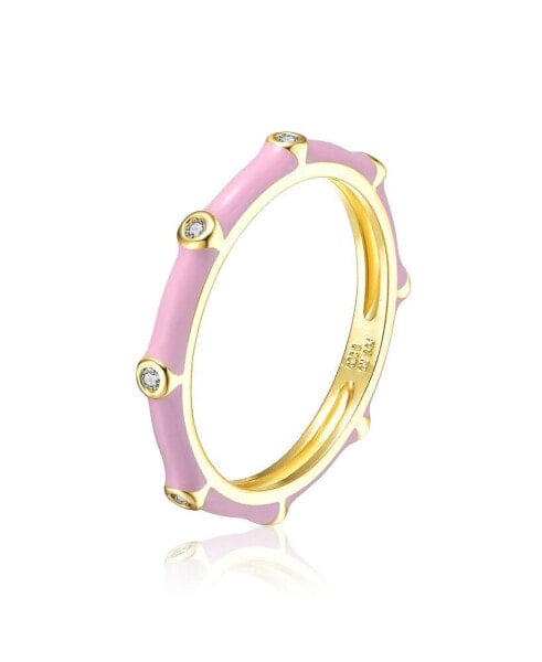 RA 14k Yellow Gold Plated with Cubic Zirconia Pink Enamel Bamboo Kids/Young Adult Stacking Ring