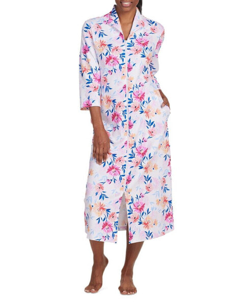 Women's Floral-Print Knit Long Zip Robe