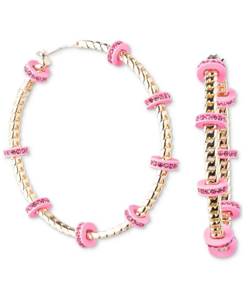 Gold-Tone Medium Pavé & Color Bead Curb Chain Hoop Earrings, 1.8"