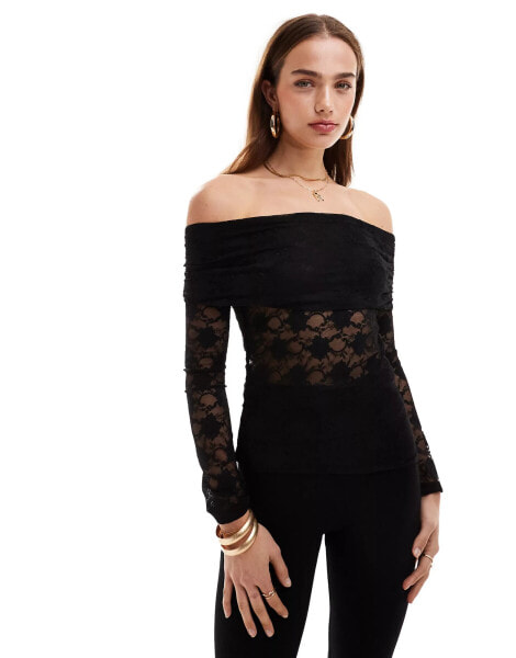 Pull&Bear lace bardot top in black