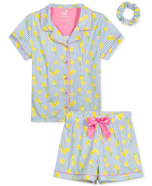 Пижама для девочек Max & Olivia в полоску с лимонным принтом, топы, шорты и резинка для волос - набор