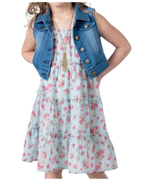 Toddler & Little Girls Denim Vest Dress Outfit with Necklace, 3 PC