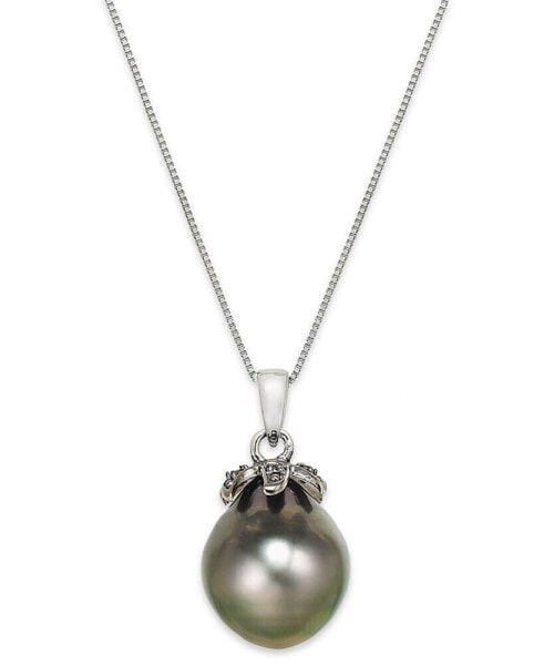 Macy's tahitian Pearl (12mm) and Black Diamond Accent Pendant Necklace in 14k White Gold