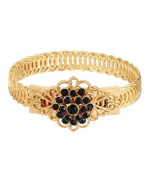 14K Gold-tone Black Flower Overlay Belt Bracelet