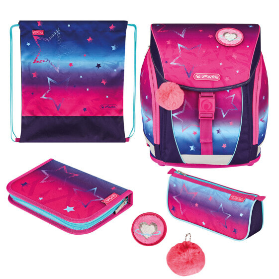 Herlitz FiloLight Plus Pink Stars, Pencil pouch, Sport bag, Pencil case, School bag, Girl, Grade & elementary school, Backpack, Front pocket, Side pocket, Polyester