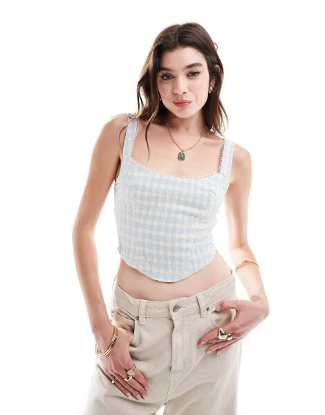 Bershka milkmaid top in blue & white check