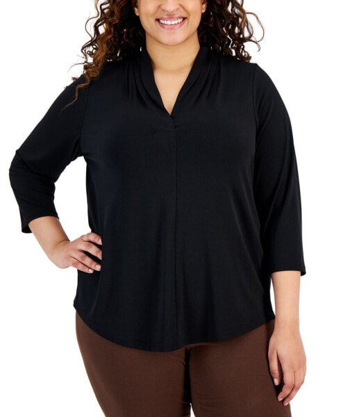 Plus Size Solid V-Neck 3/4-Sleeve Top, Created for Macy's