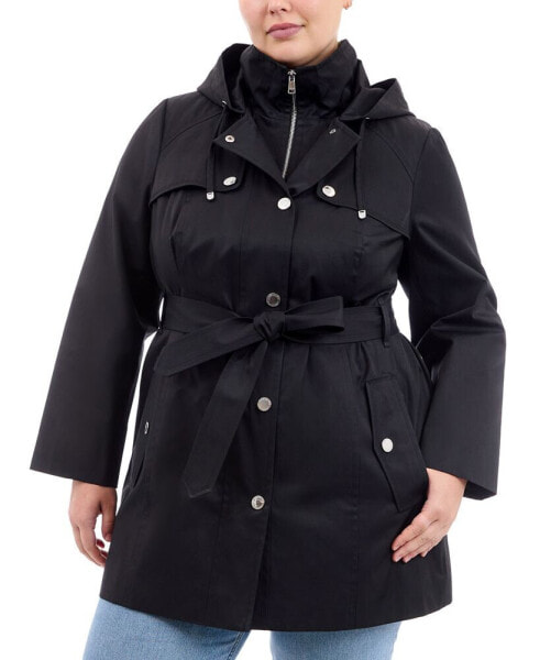 Plus Size Hooded Belted Zip-Front Raincoat