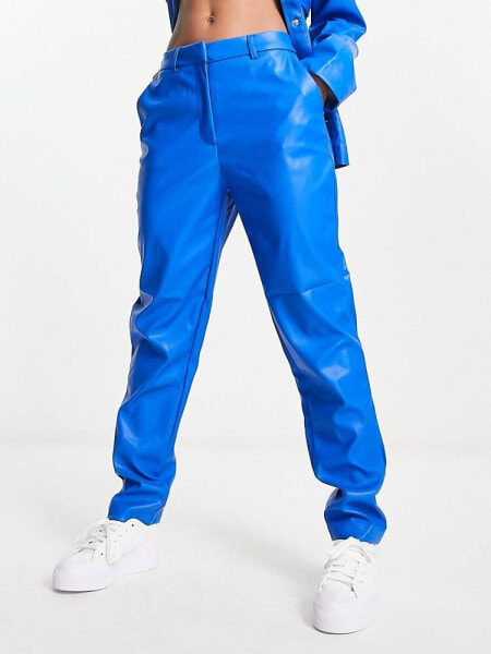Pieces high waist faux leather trousers co-ord in blue
