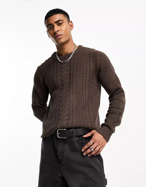 Jack & Jones cable knit crew neck jumper in dark brown