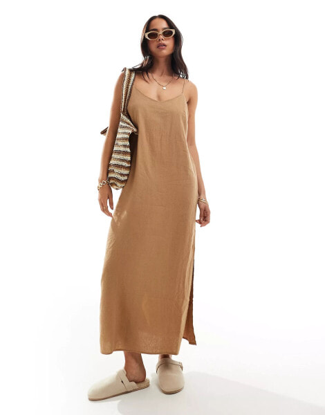 New Look linen look strappy slip midi dress in camel