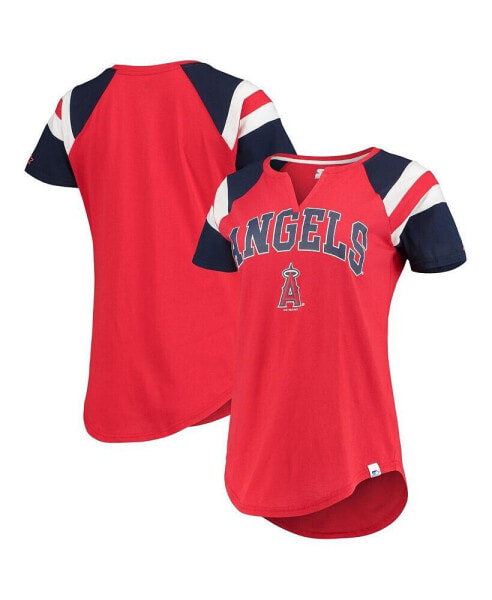 Women's Red, Navy Los Angeles Angels Game On Notch Neck Raglan T-Shirt