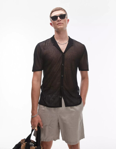 Topman sheer knitted polo in black