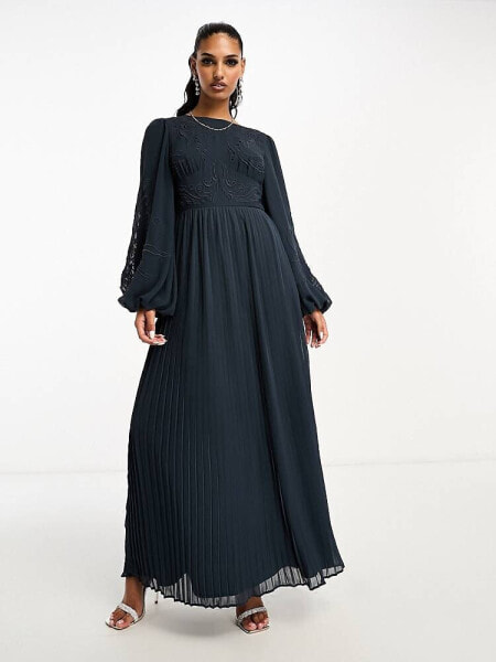 ASOS DESIGN cutout embroidery pleated maxi dress in slate blue