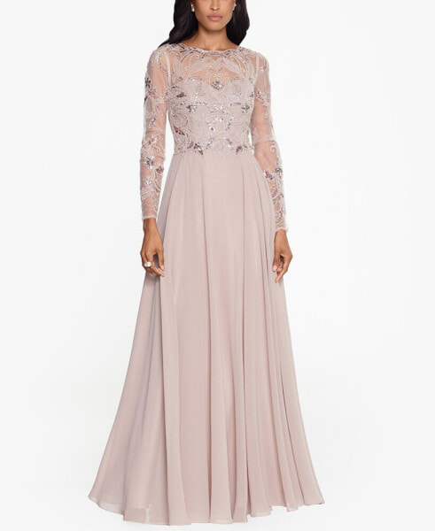 Petite Mesh-Sleeve Embellished Gown