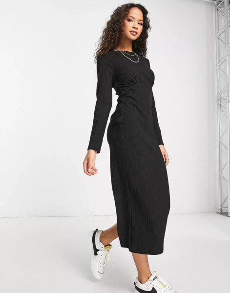 Женское повседневное платье New Look Weiches, geripptes Midikleid in Schwarz mit Rundhalsausschnitt