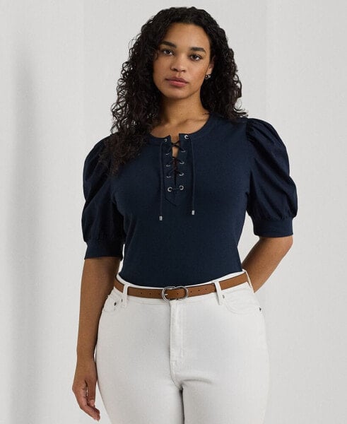 Plus Size Lace-Up Puff-Sleeve Top