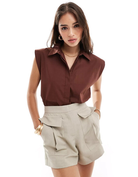 ASOS DESIGN sleeveless shirt in coco brown