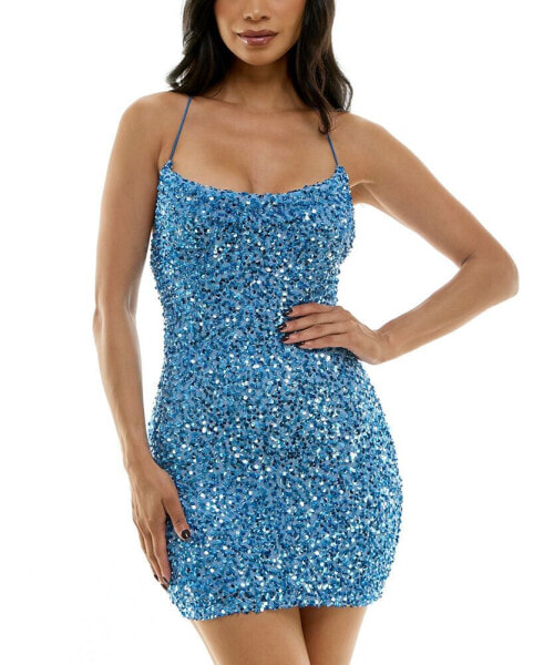 Juniors' Sequined Bungee-Strap Bodycon Dress