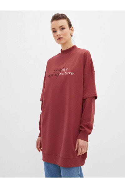 Dik Yaka Baskılı Uzun Kollu Oversize Kadın Sweatshirt Tunik